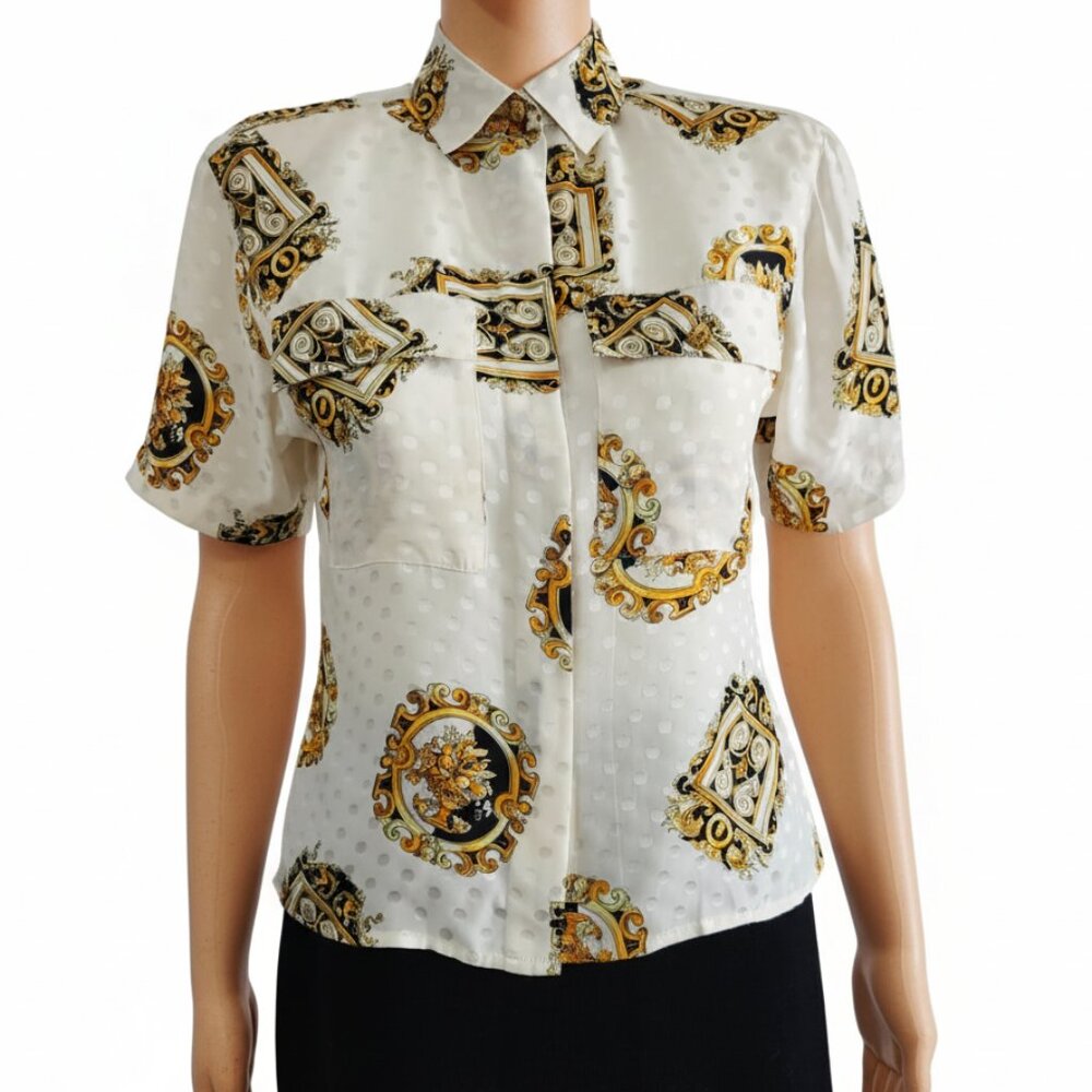 Maggy London 100% Silk Blouse Size 2 Vintage Baroque Medallion Polka Dot Top VTG